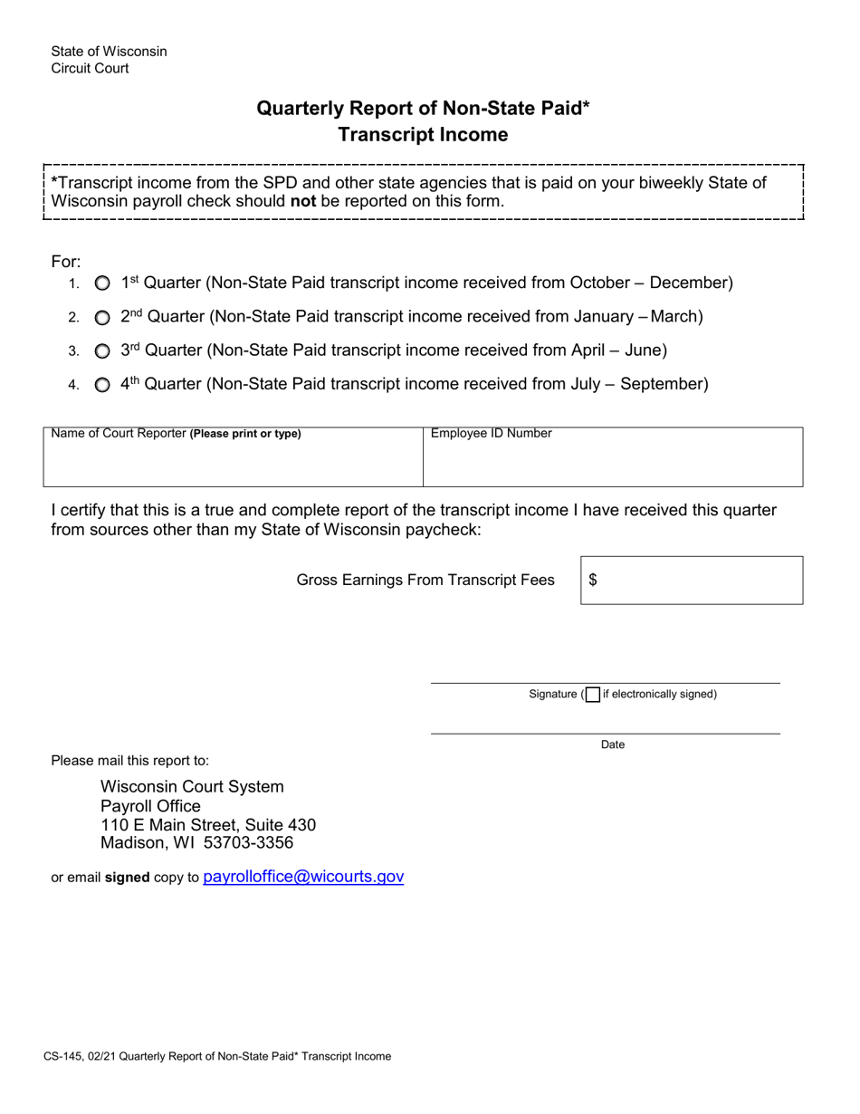 Form CS-145 Quarterly Report of Non-state Paid Transcript Income - Wisconsin, Page 1