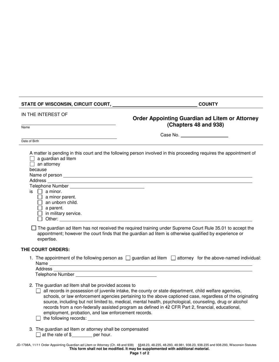 Form JD-1798A Order Appointing Guardian Ad Litem or Attorney (Chapters 48 and 938) - Wisconsin, Page 1