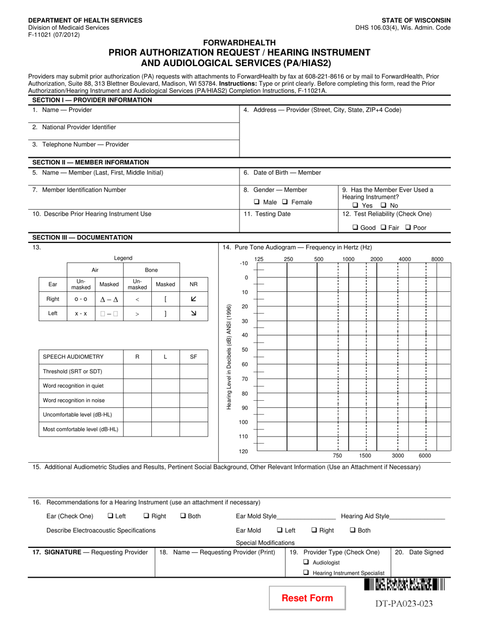 Form F-11021 Prior Authorization Request / Hearing Instrument and Audiological Services (Pa / Hias2) - Wisconsin, Page 1