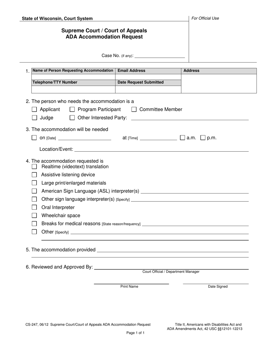 Form CS-247 Ada Accommodation Request - Wisconsin, Page 1