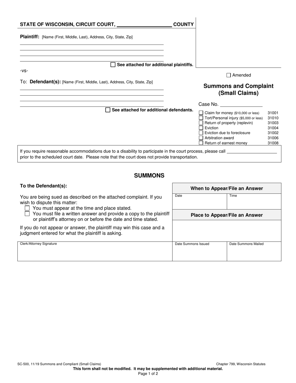 Form SC-500 Summons and Complaint (Small Claims) - Wisconsin, Page 1