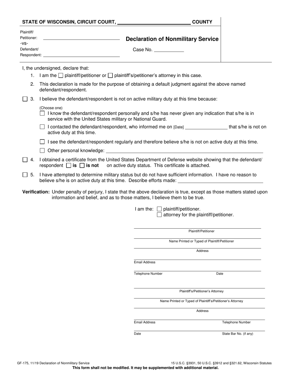 Form GF-175 Declaration of Nonmilitary Service - Wisconsin, Page 1