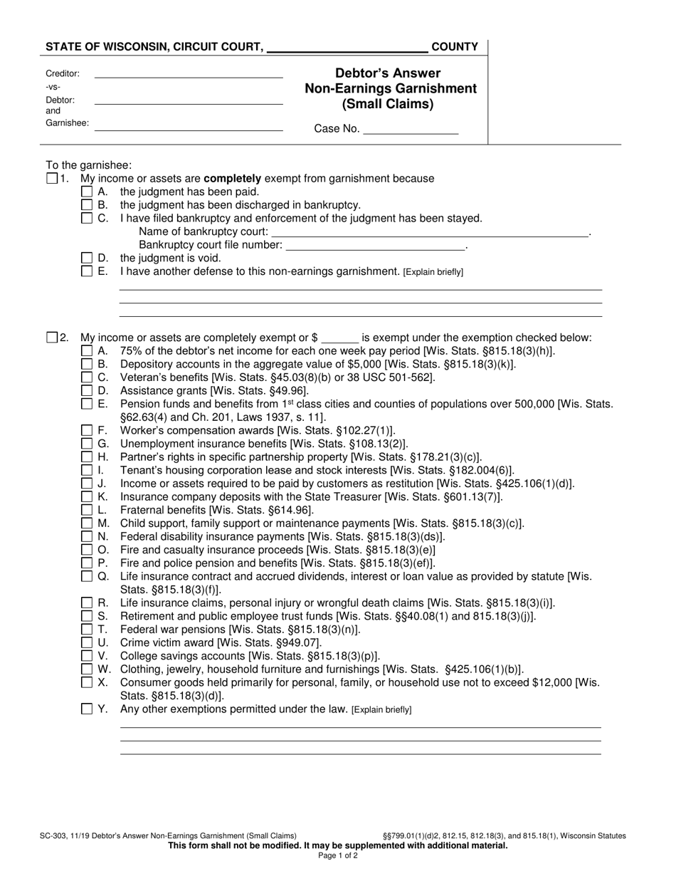 Form SC-303 Debtors Answer Non-earnings Garnishment (Small Claims) - Wisconsin, Page 1