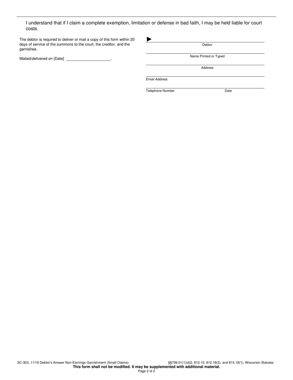 Form SC-303 Debtors Answer Non-earnings Garnishment (Small Claims) - Wisconsin, Page 2