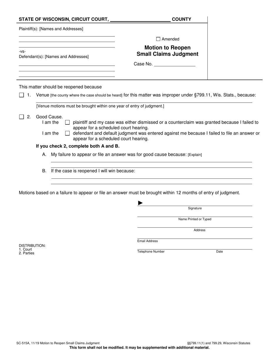 Form SC-515A Motion to Reopen Small Claims Judgment - Wisconsin, Page 1