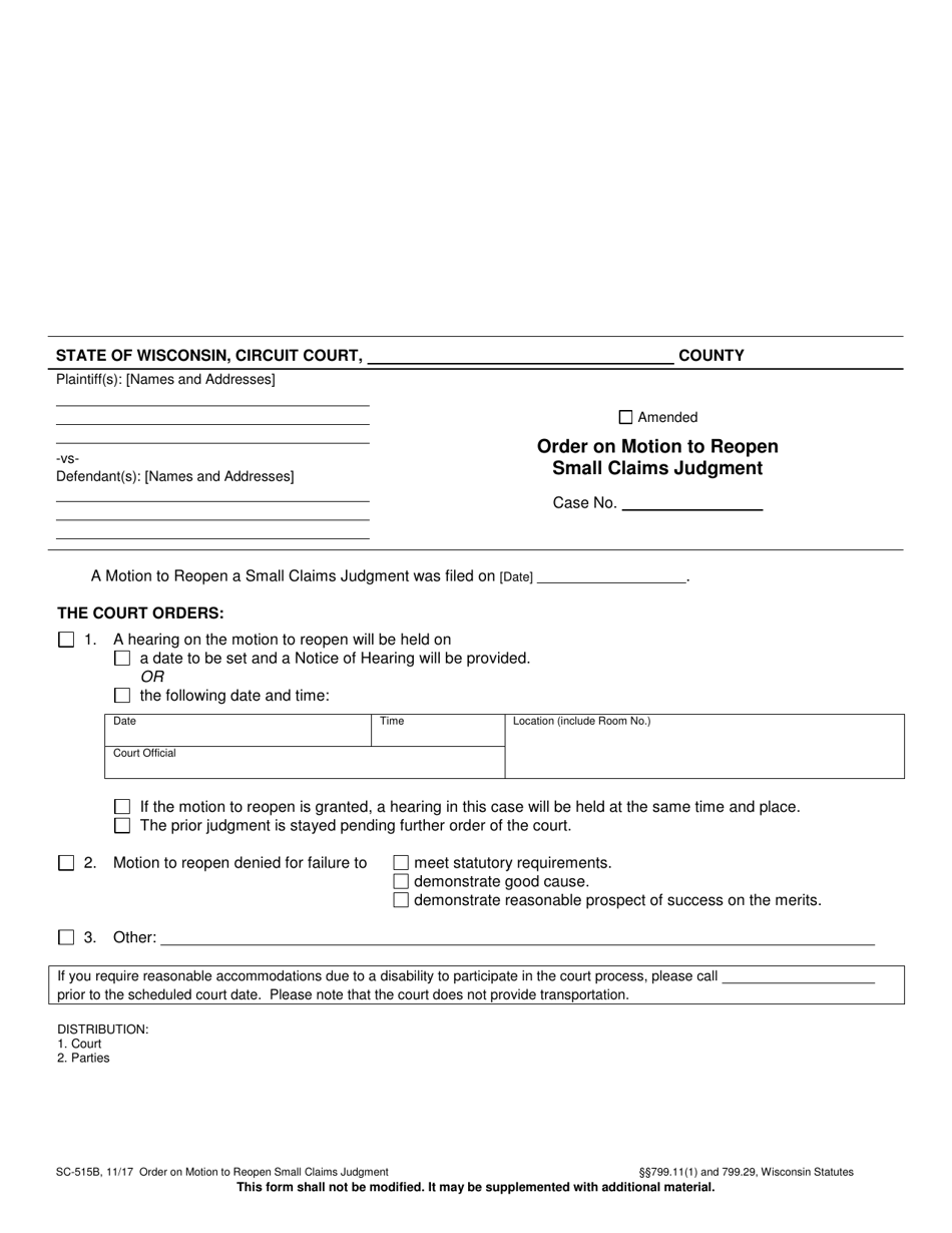 Form SC-515B Order on Motion to Reopen Small Claims Judgment - Wisconsin, Page 1