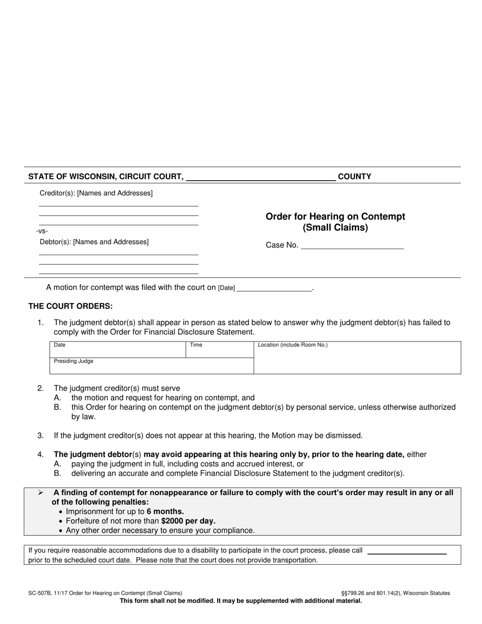 Form SC-507B Order for Hearing on Contempt (Small Claims) - Wisconsin, Page 1