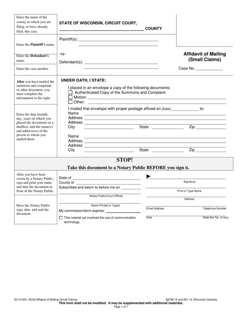 Form SC-5130V Affidavit of Mailing (Small Claims) - Wisconsin