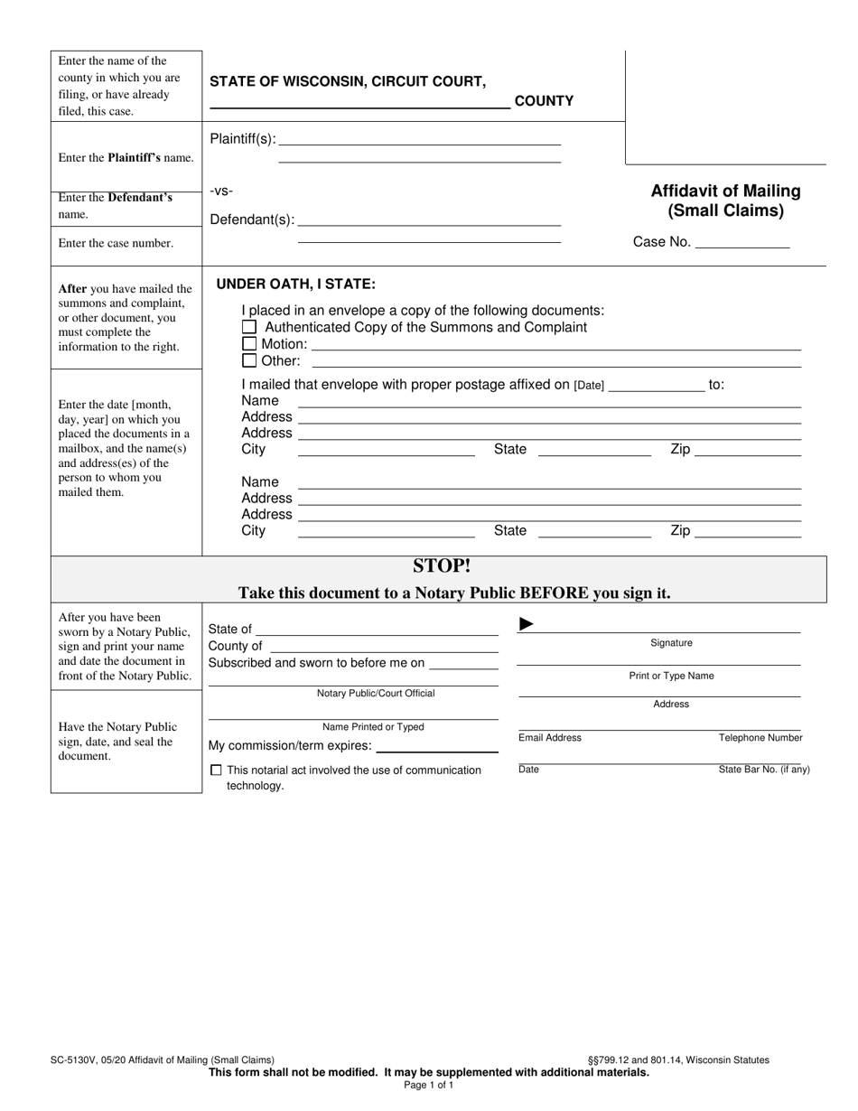 Form SC-5130V Affidavit of Mailing (Small Claims) - Wisconsin, Page 1