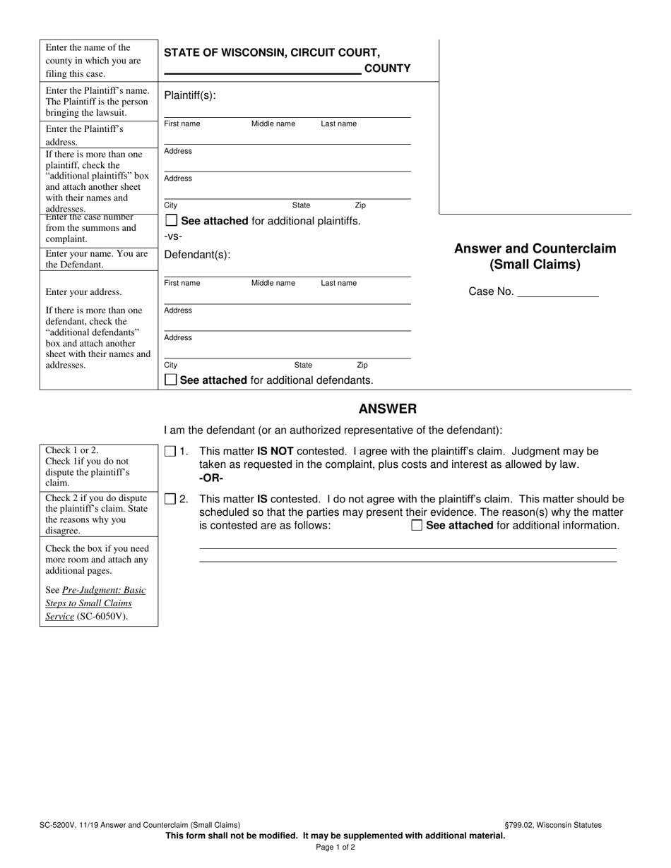 Form SC-5200V Answer and Counterclaim (Small Claims) - Wisconsin, Page 1