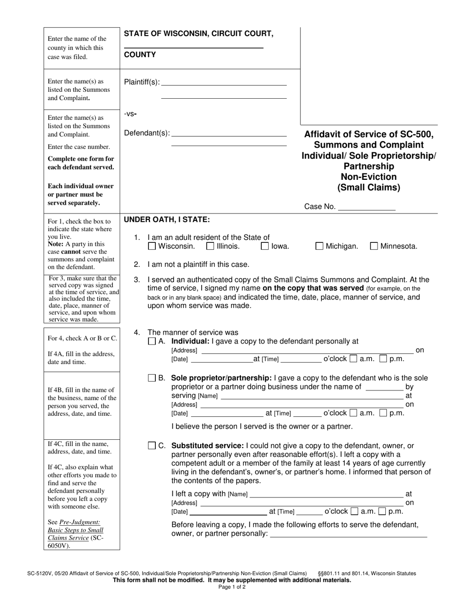 Form SC-5120V Affidavit of Service of Sc-500, Summons and Complaint Individual / Sole Proprietorship / Partnership Non-eviction (Small Claims) - Wisconsin, Page 1