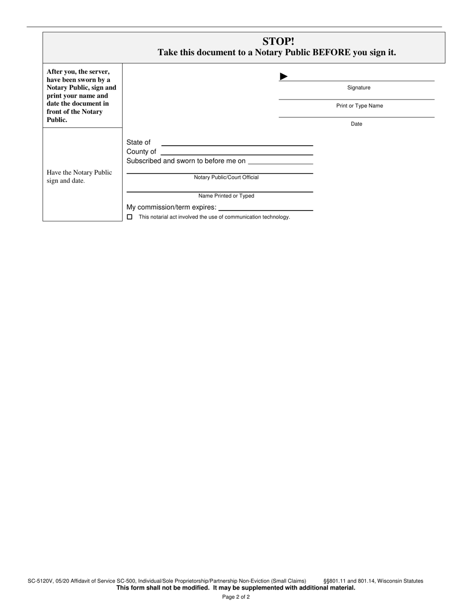 Form SC-5120V Affidavit of Service of Sc-500, Summons and Complaint Individual / Sole Proprietorship / Partnership Non-eviction (Small Claims) - Wisconsin, Page 2
