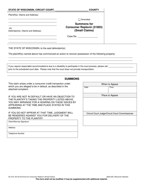 Form SC-516 Summons for Consumer Replevin (31003) (Small Claims) - Wisconsin