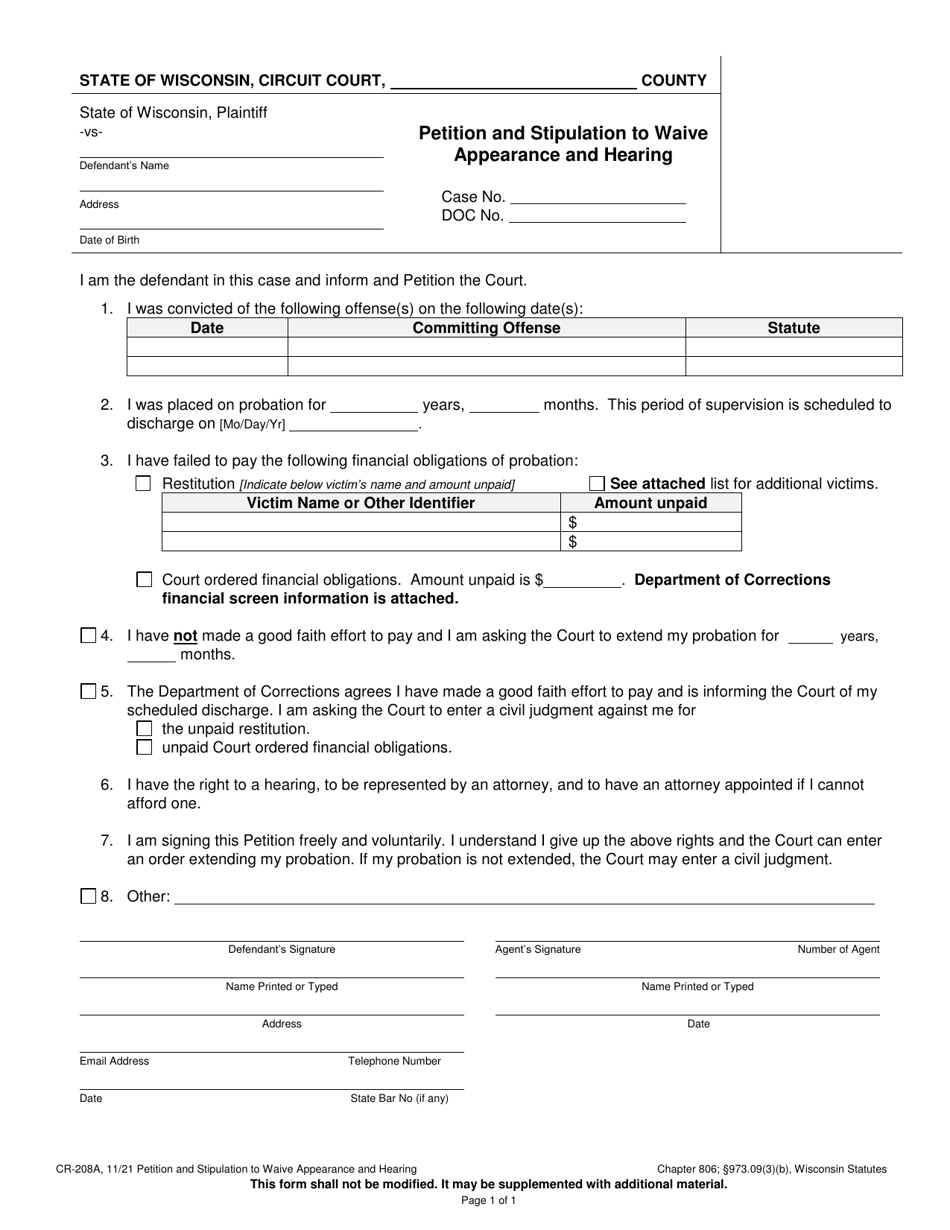 Form CR-208A Petition and Stipulation to Waive Appearance and Hearing - Wisconsin, Page 1