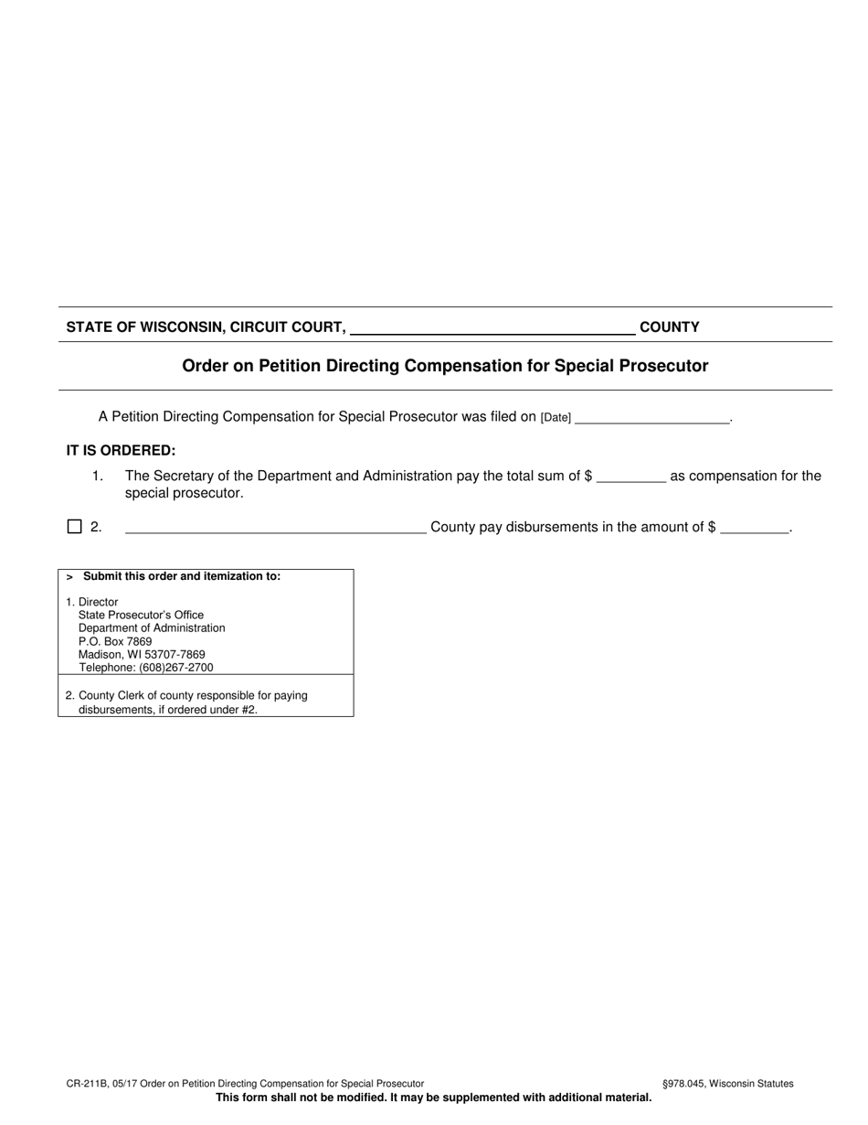 Form CR-211B Order on Petition Directing Compensation for Special Prosecutor - Wisconsin, Page 1
