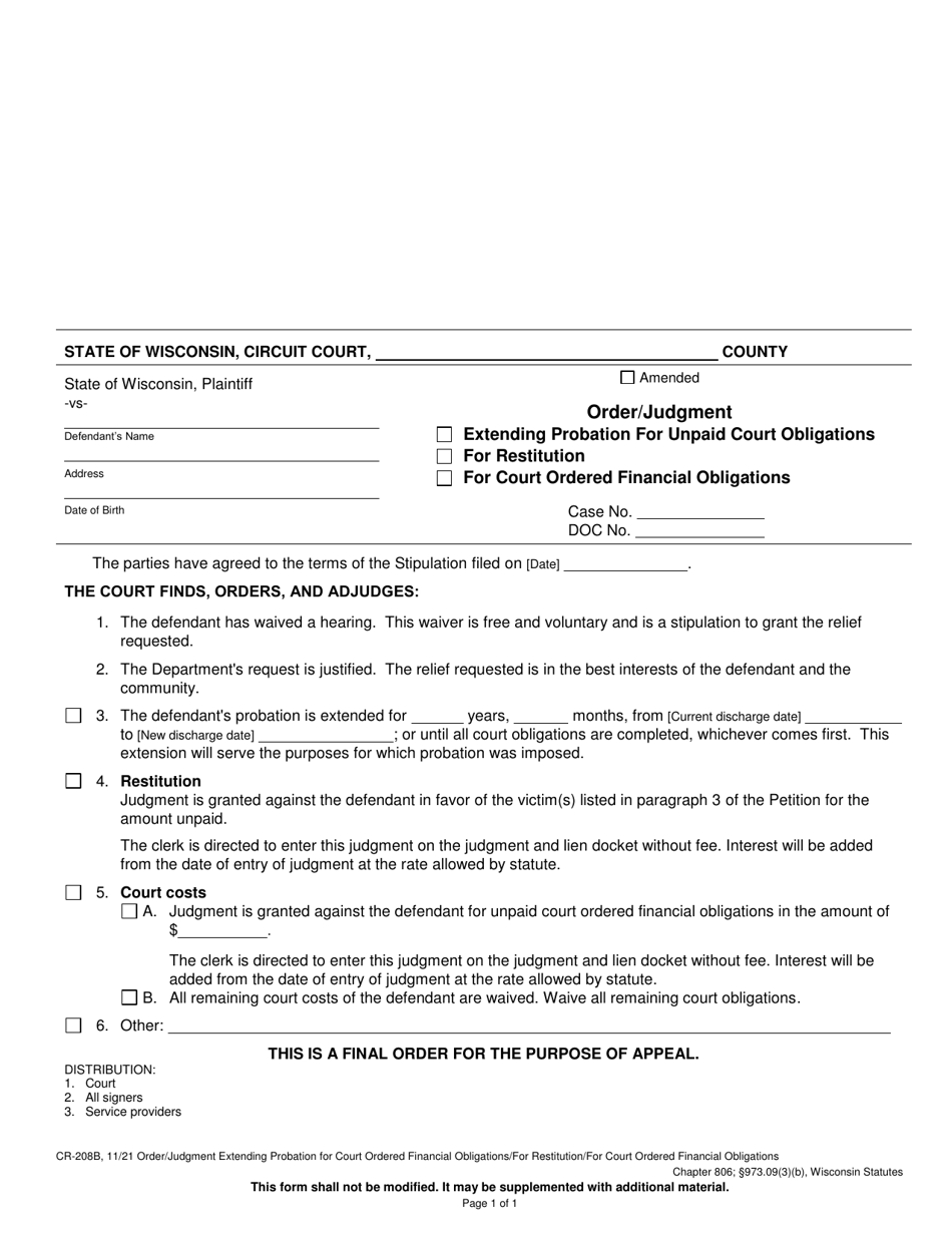 Form CR-208B Order Extending Probation for Unpaid Court Obligations/Judgment for Restitution/Judgment for Court Ordered Financial Obligations - Wisconsin, Page 1