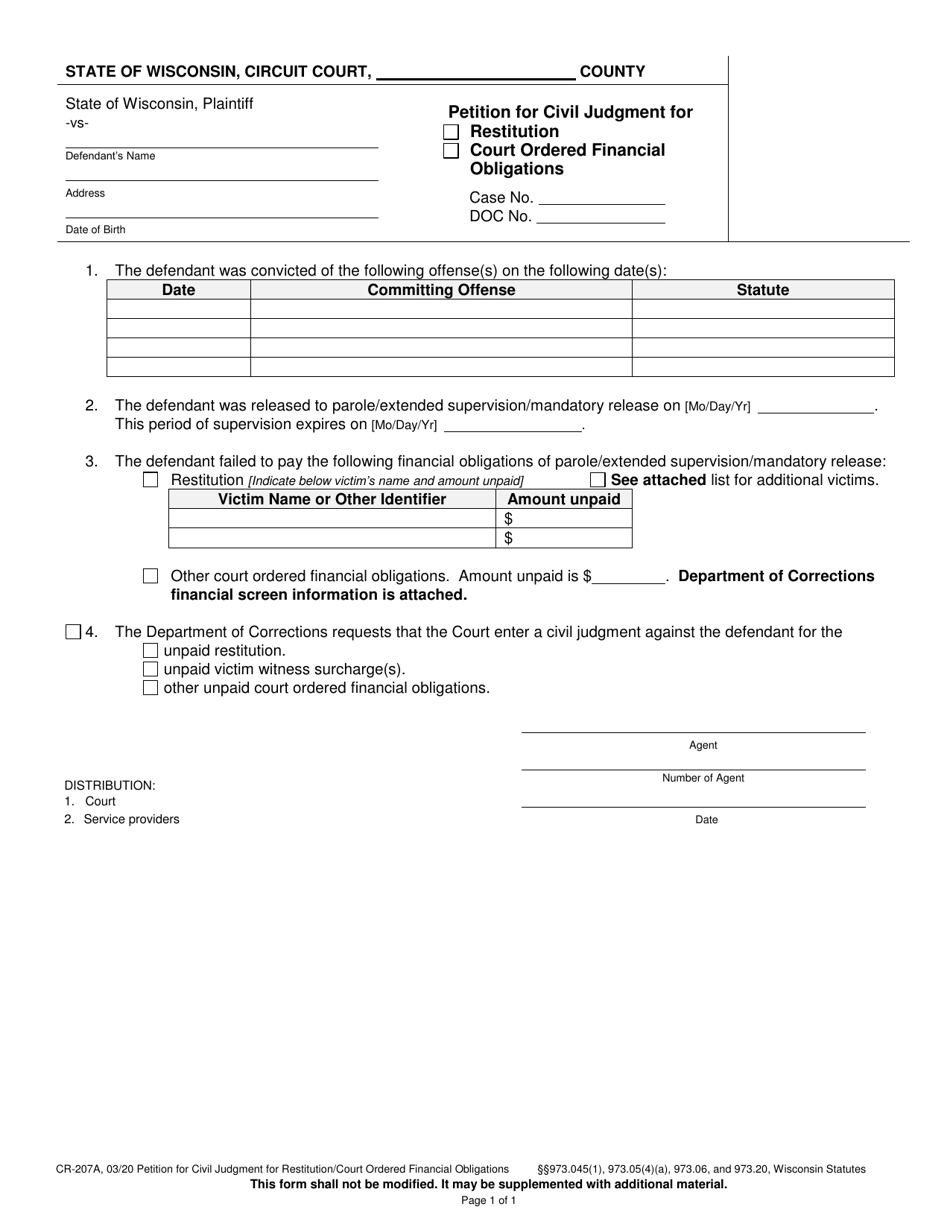 Form CR-207A Petition for Civil Judgment for Restitution or Court Ordered Financial Obligations - Wisconsin, Page 1
