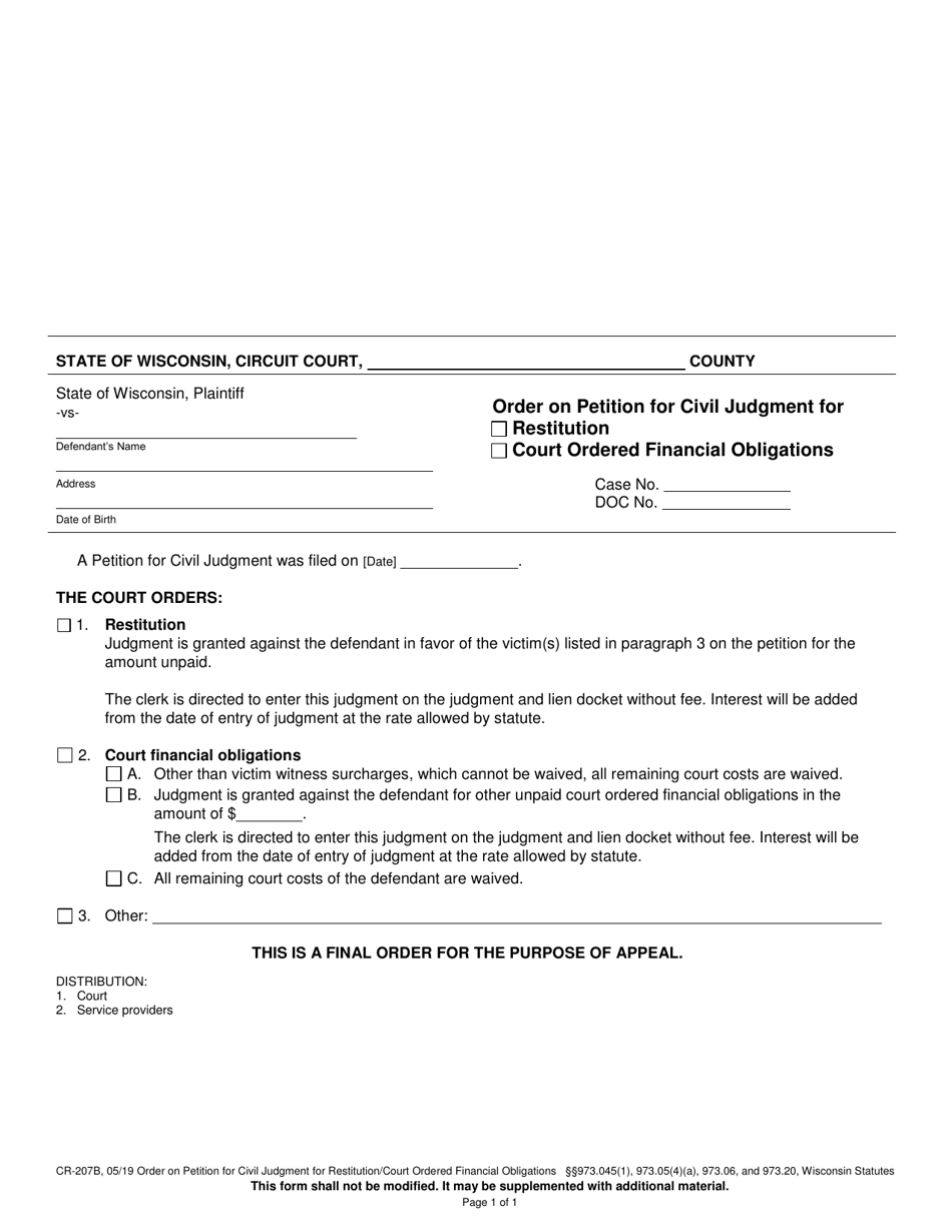 Form CR-207B Order on Petition for Civil Judgment for Restitution or Court Ordered Financial Obligations - Wisconsin, Page 1