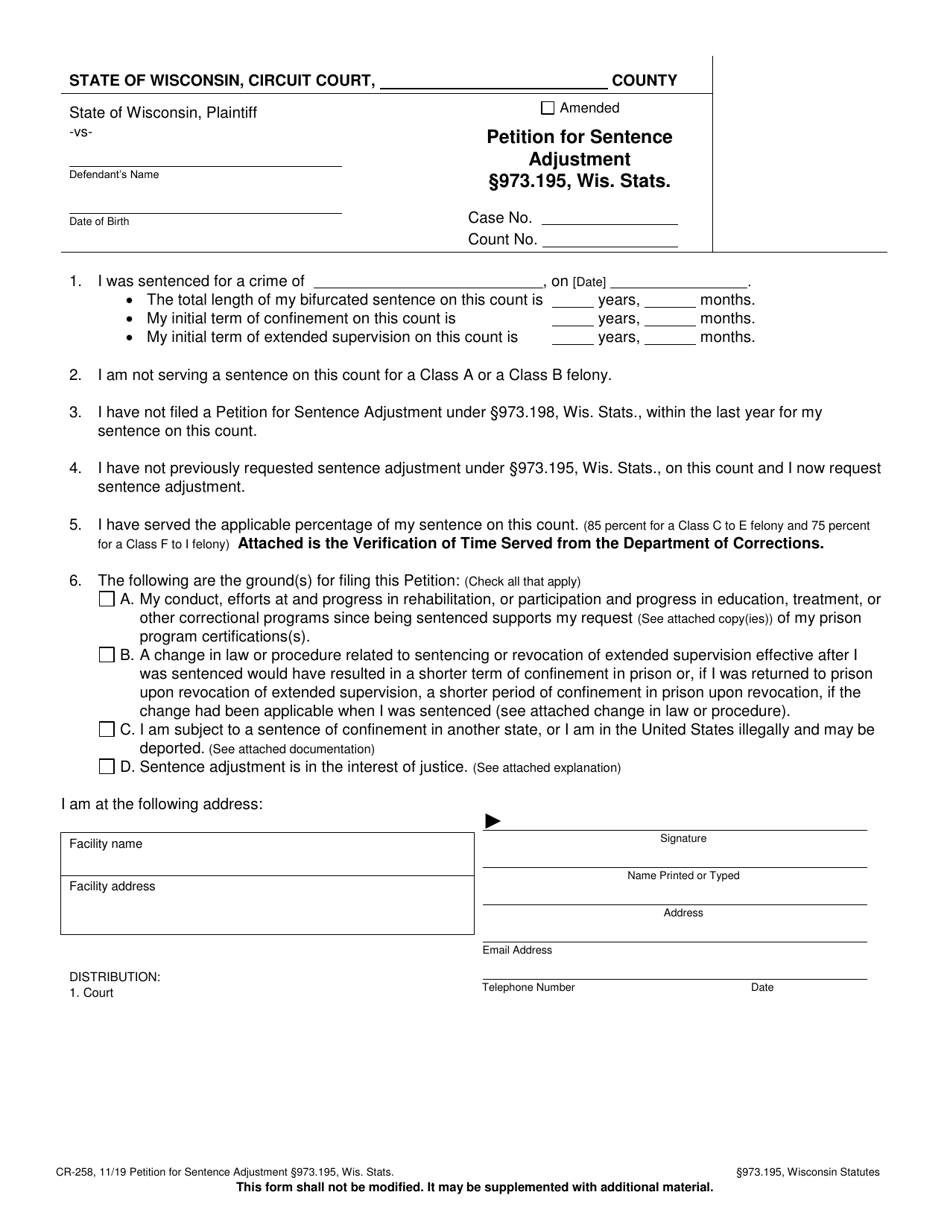 Form CR-258 Petition for Sentence Adjustment 973.195, Wis. Stats. - Wisconsin, Page 1