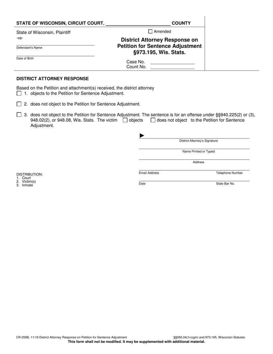 Form CR-259B District Attorney Response on Petition for Sentence Adjustment 973.195, Wis. Stats. - Wisconsin, Page 1