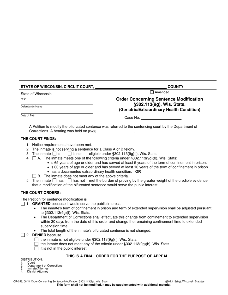 Form CR-256 Order Concerning Sentence Modification 302.113(9g), Wis. Stats. (Geriatric / Extraordinary Health Condition) - Wisconsin, Page 1