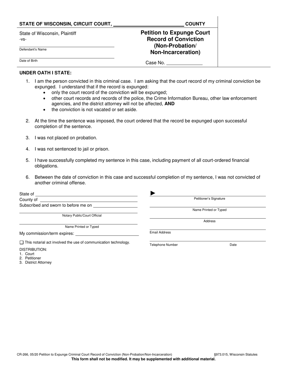 Form CR-266 Petition to Expunge Court Record of Conviction (Non-probation / Non-incarceration) - Wisconsin, Page 1