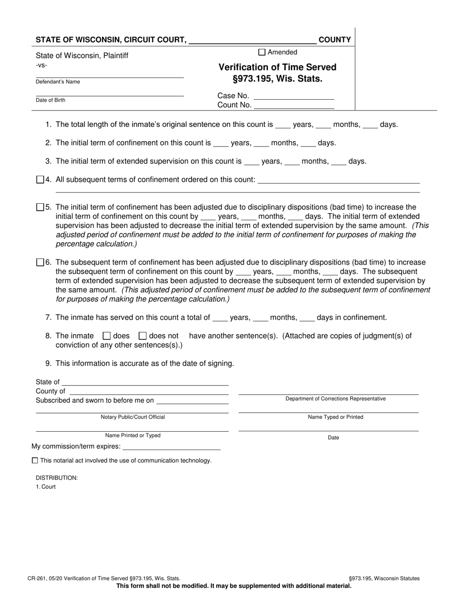 Form CR-261 Verification of Time Served 973.195, Wis. Stats. - Wisconsin, Page 1