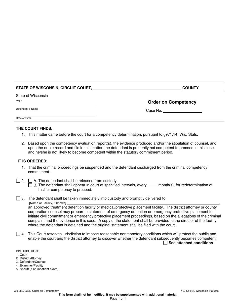 Form CR-280 Order on Competency - Wisconsin, Page 1