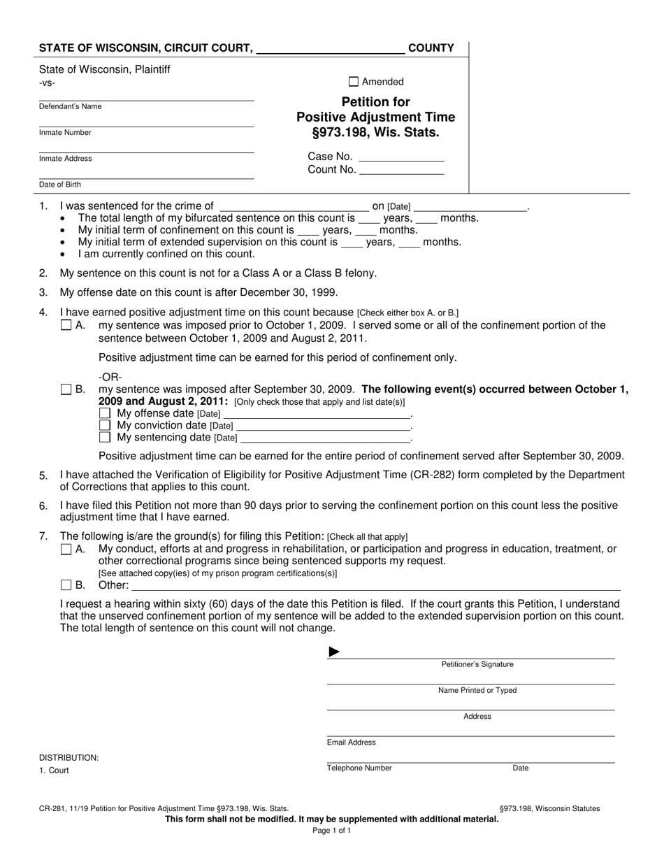 Form CR-281 Petition for Positive Adjustment Time - Wisconsin, Page 1
