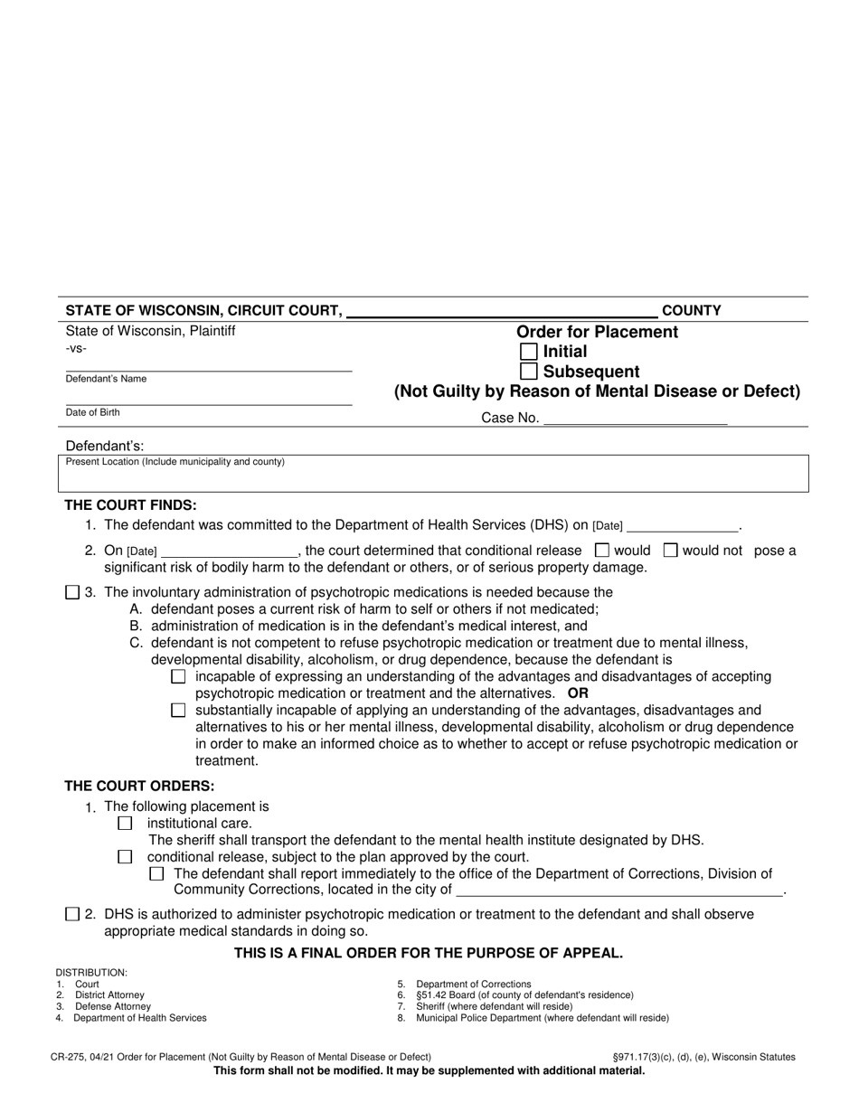 Form CR-275 Order for Placement (Not Guilty by Reason of Mental Disease or Defect) - Wisconsin, Page 1