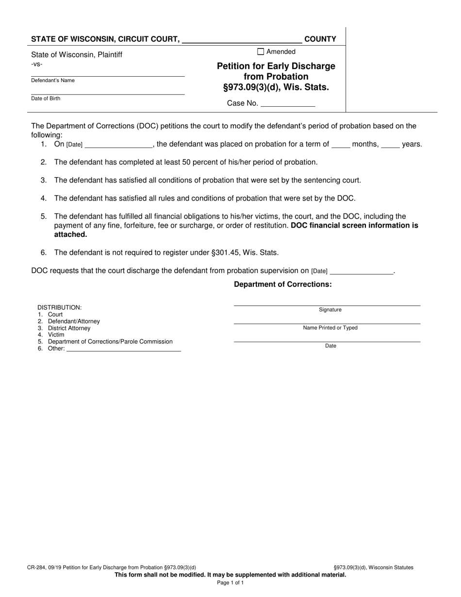 Form CR-284 Petition for Early Discharge From Probation - Wisconsin, Page 1