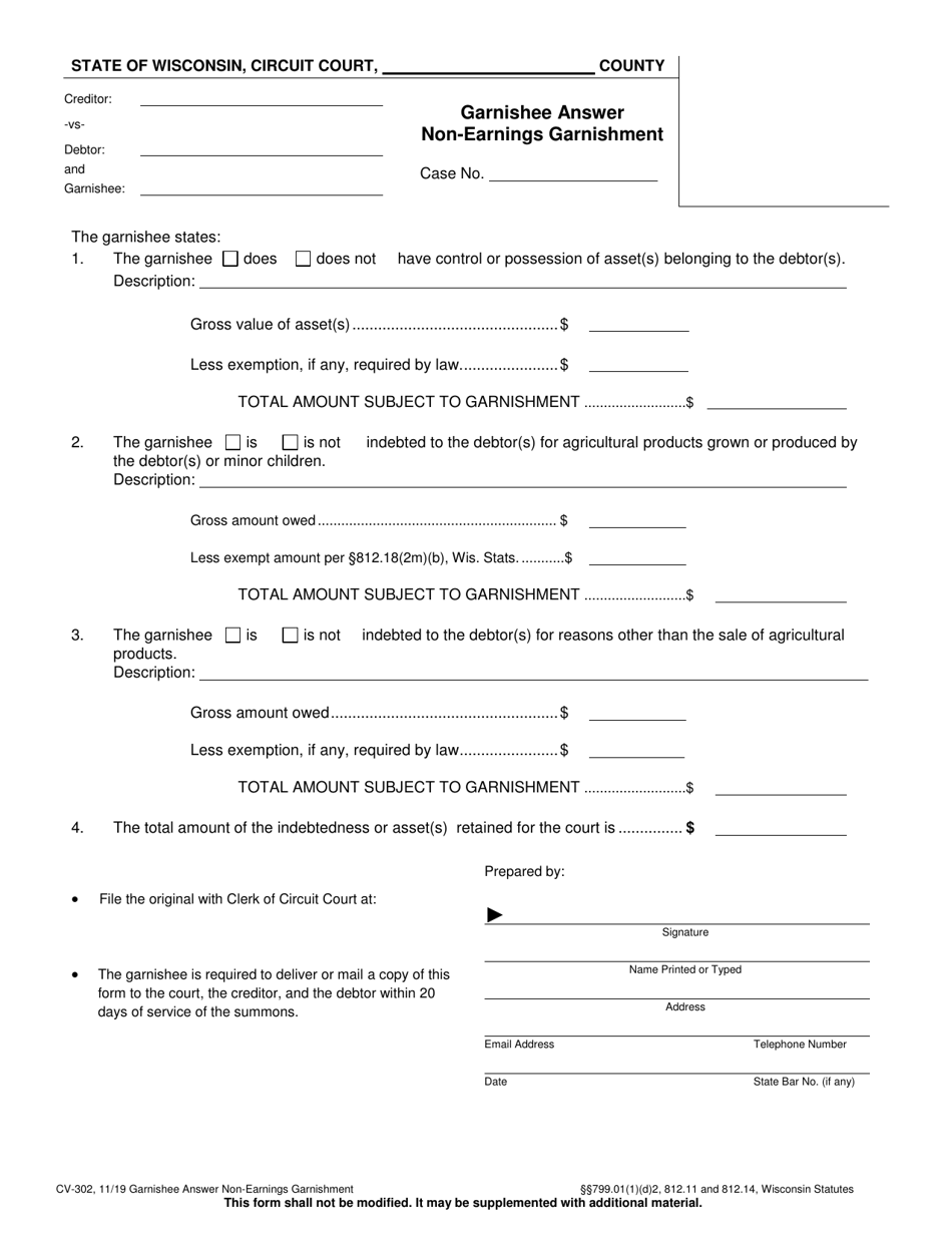 Form CV-302 Garnishee Answer Non-earnings Garnishment - Wisconsin, Page 1