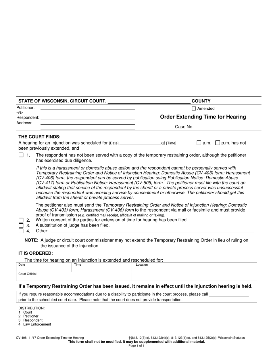 Form CV-408 Order Extending Time for Hearing - Wisconsin, Page 1