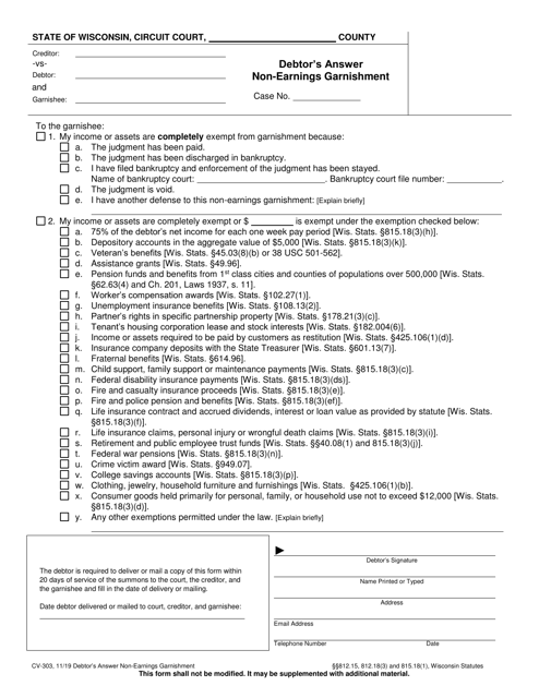 Form CV-303 Debtor's Answer Non-earnings Garnishment - Wisconsin
