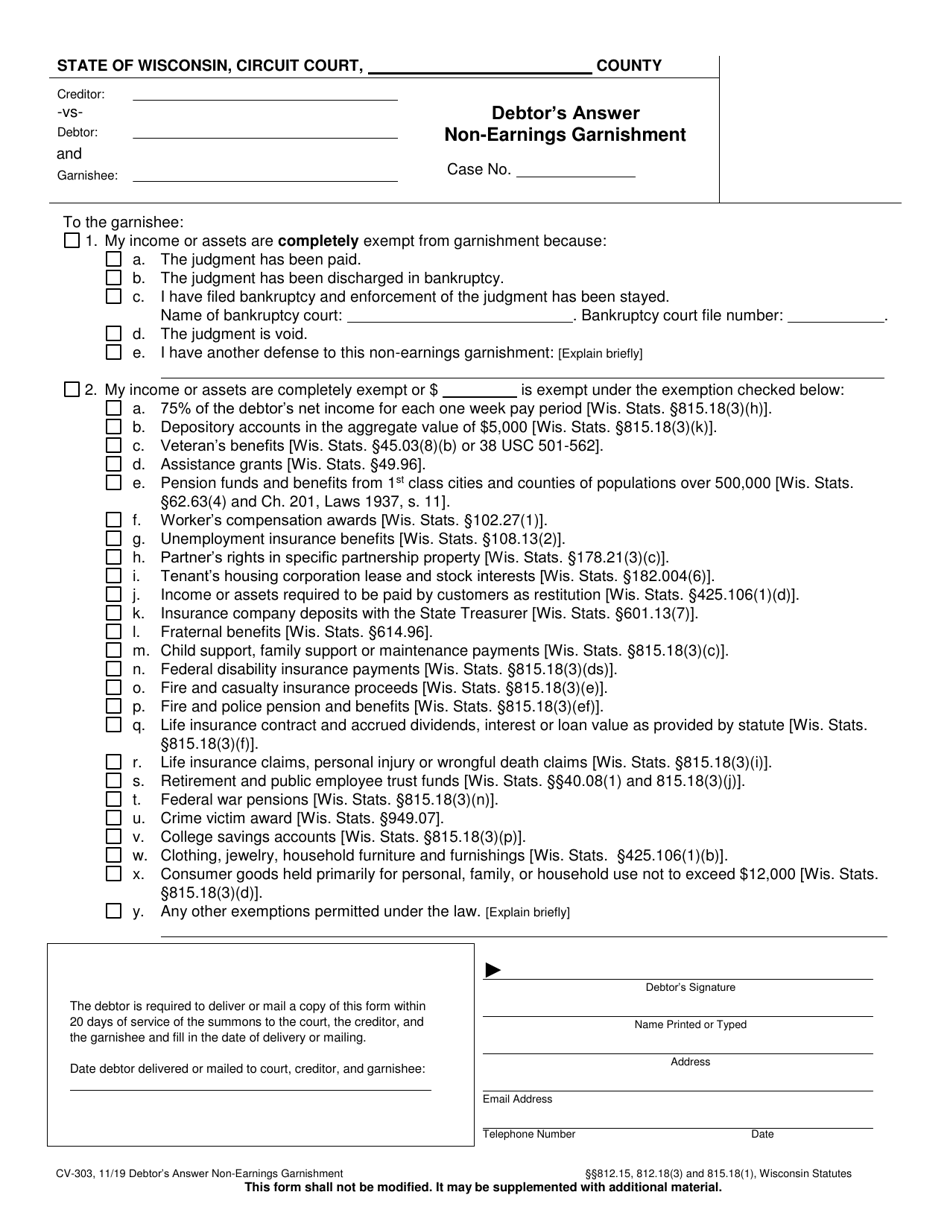 Form CV-303 Debtors Answer Non-earnings Garnishment - Wisconsin, Page 1