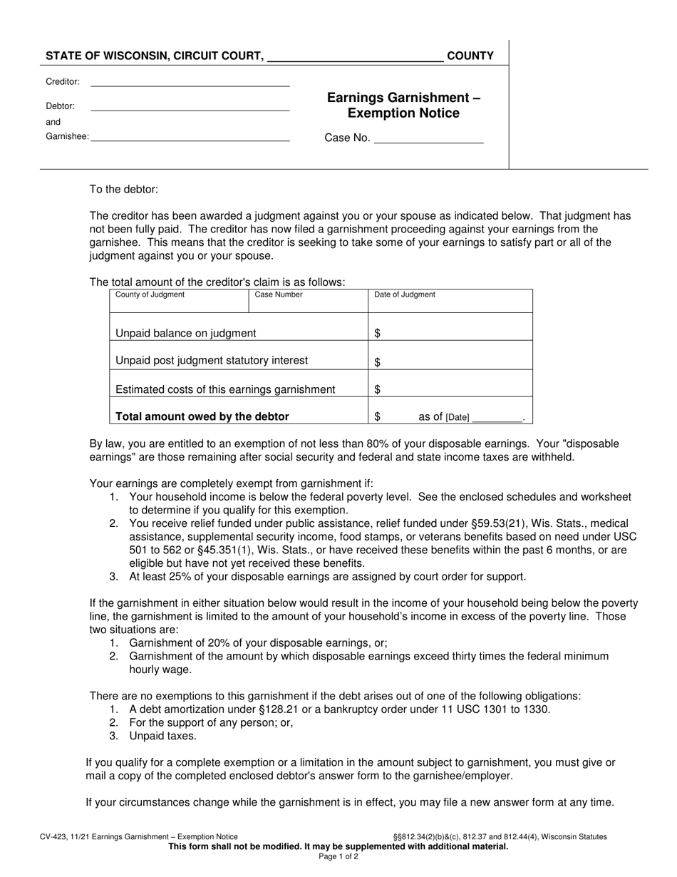 Form CV-423 Earnings Garnishment - Exemption Notice - Wisconsin, Page 1