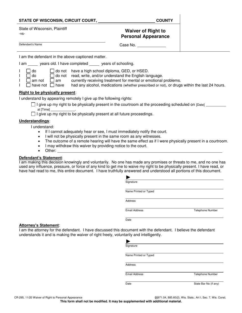 Form CR-295 Waiver of Right to Personal Appearance - Wisconsin, Page 1