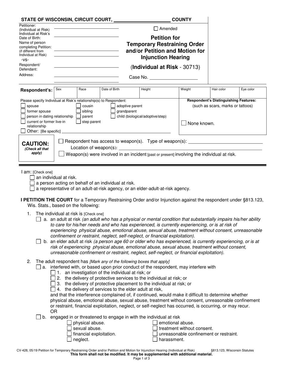 Form CV-428 Petition for Temporary Restraining Order and / or Petition and Motion for Injunction Hearing (Individual at Risk) - Wisconsin, Page 1
