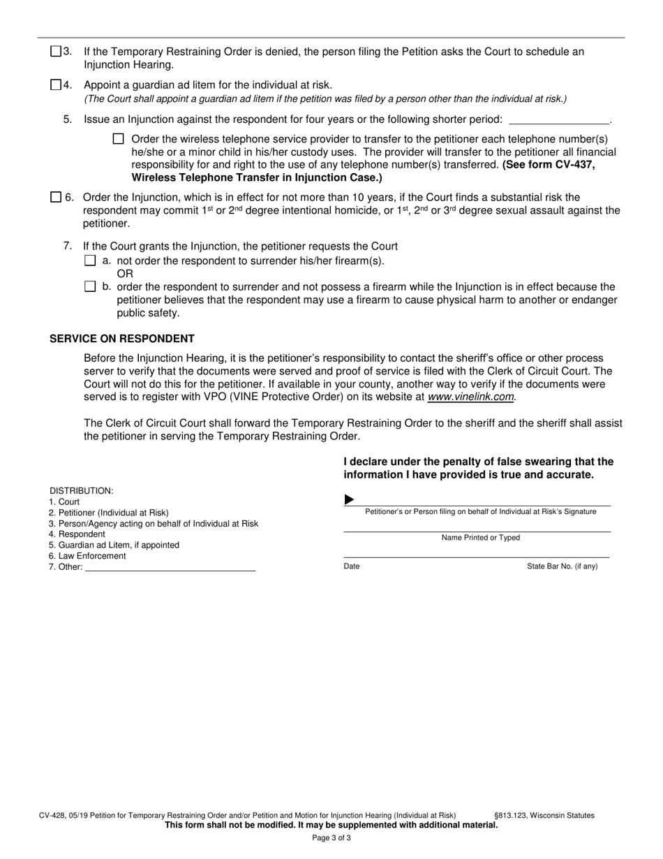 Form CV-428 Petition for Temporary Restraining Order and / or Petition and Motion for Injunction Hearing (Individual at Risk) - Wisconsin, Page 3