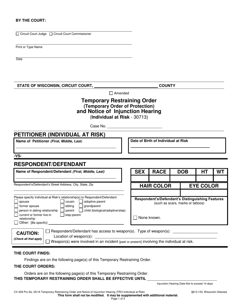 Form CV-429 Temporary Restraining Order (Temporary Order of Protection) and Notice of Injunction Hearing (Individual at Risk) - Wisconsin, Page 1