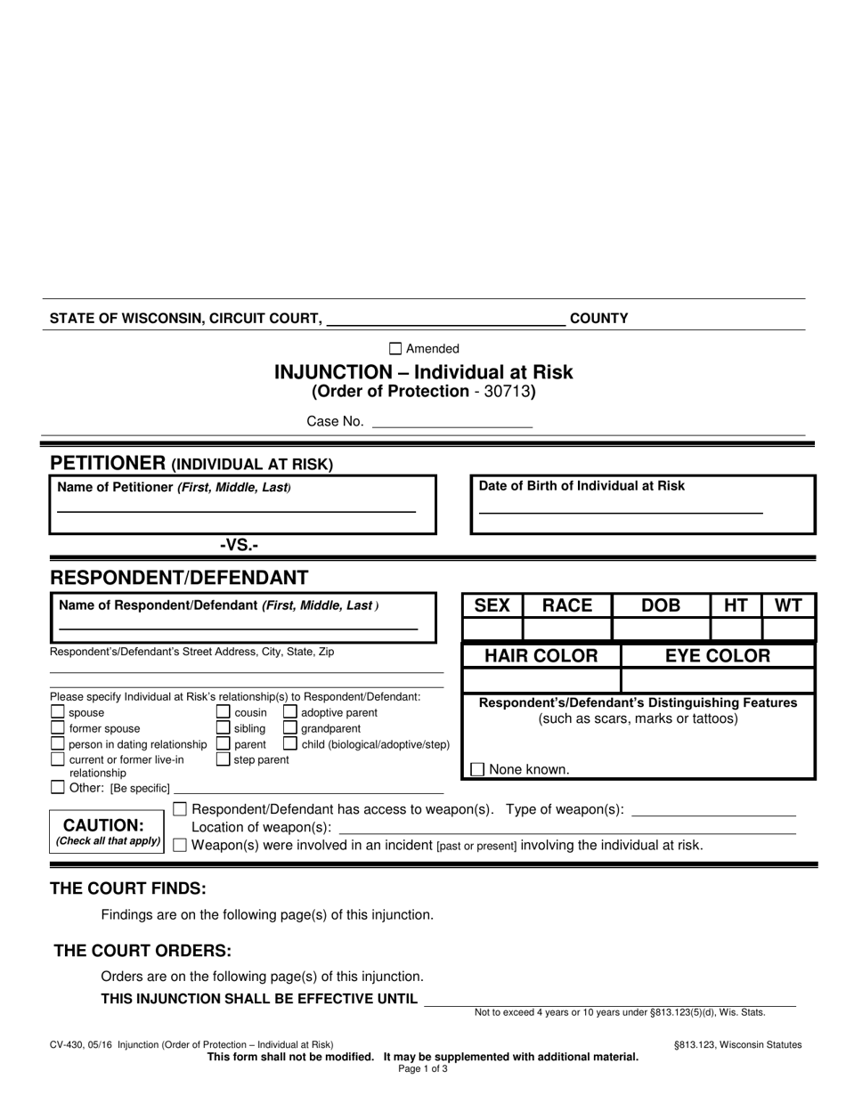 Form CV-430 Injunction - Individual at Risk - Wisconsin, Page 1