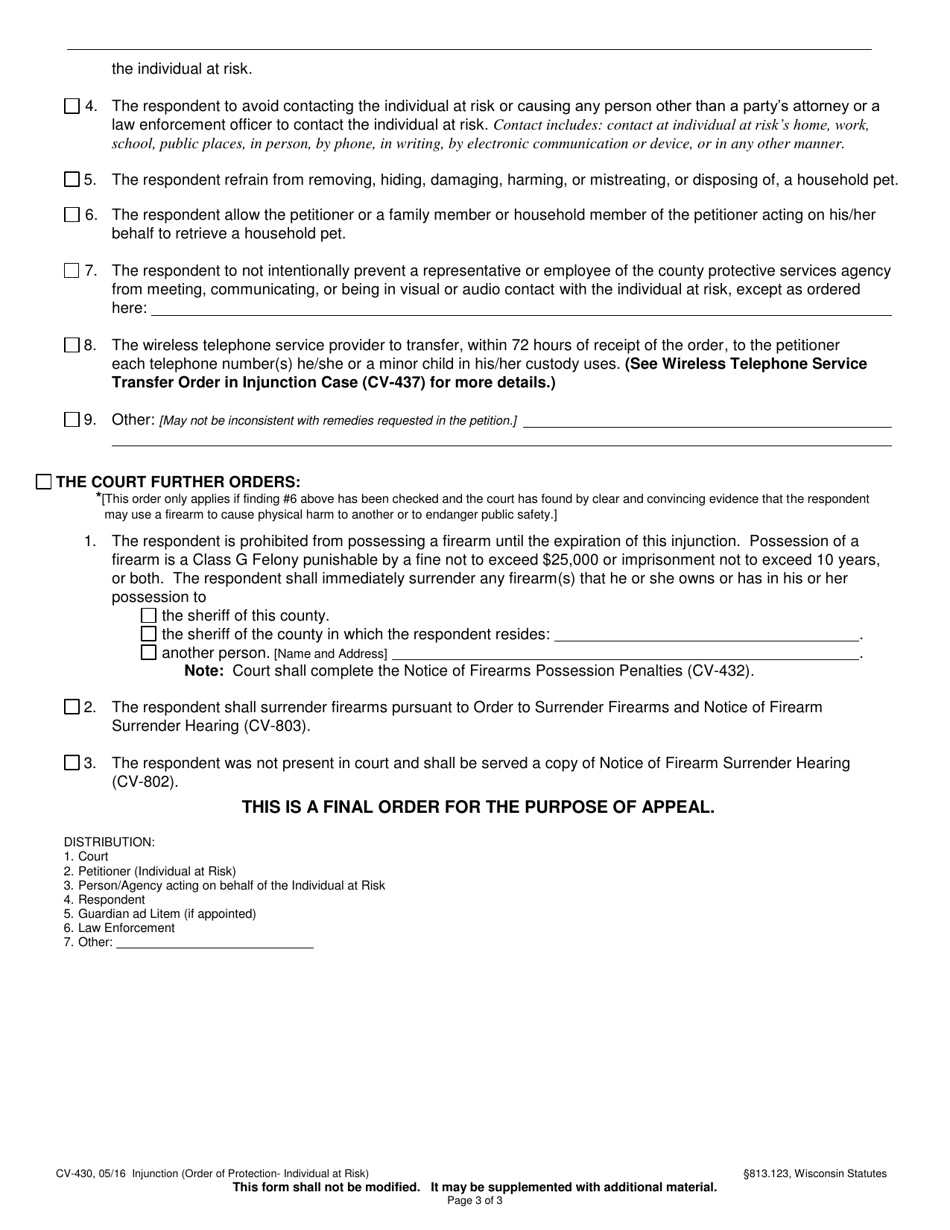 Form CV-430 Injunction - Individual at Risk - Wisconsin, Page 3