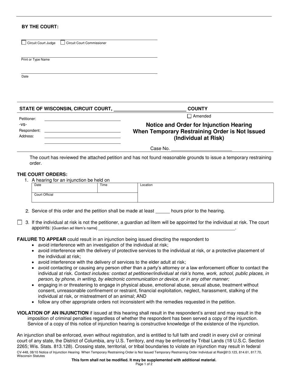 Form CV-448 Notice and Order for Injunction Hearing When Temporary Restraining Order Is Not Issued (Individual at Risk) - Wisconsin, Page 1