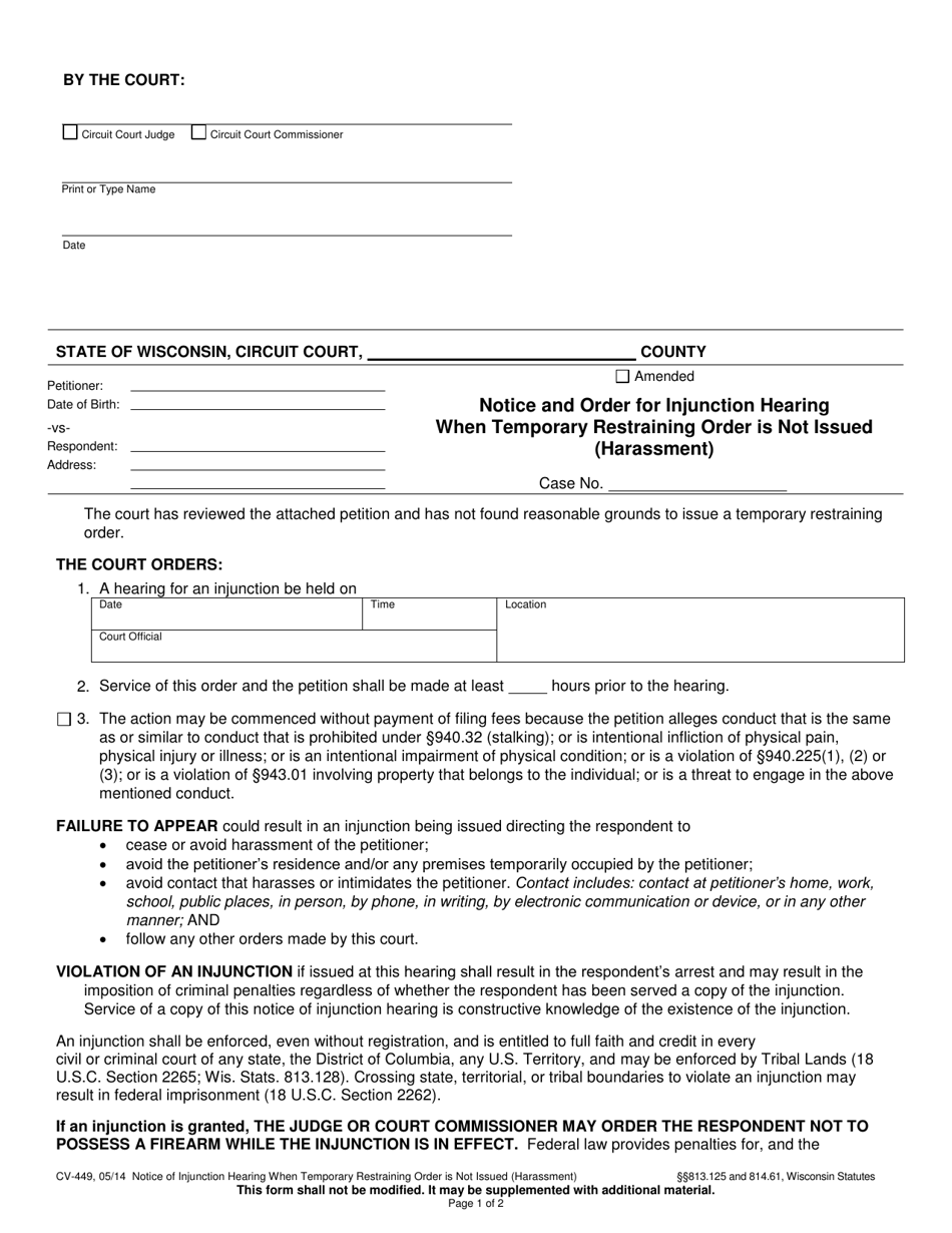 Form CV-449 Notice and Order for Injunction Hearing When Temporary Restraining Order Is Not Issued (Harassment) - Wisconsin, Page 1