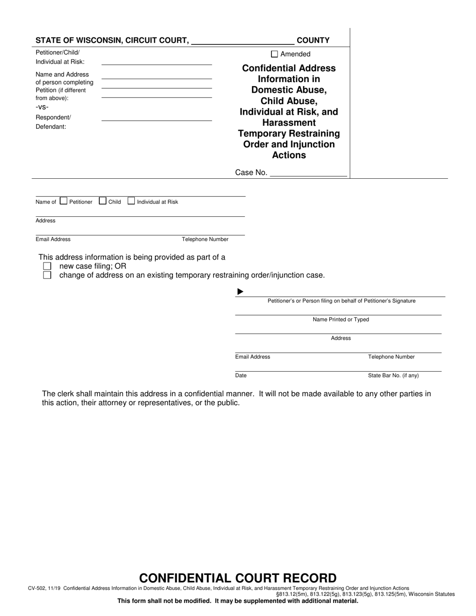 Form CV-502 Confidential Address Information in Domestic Abuse, Child Abuse, Individual at Risk, and Harassment Temporary Restraining Order and Injunction Actions - Wisconsin, Page 1