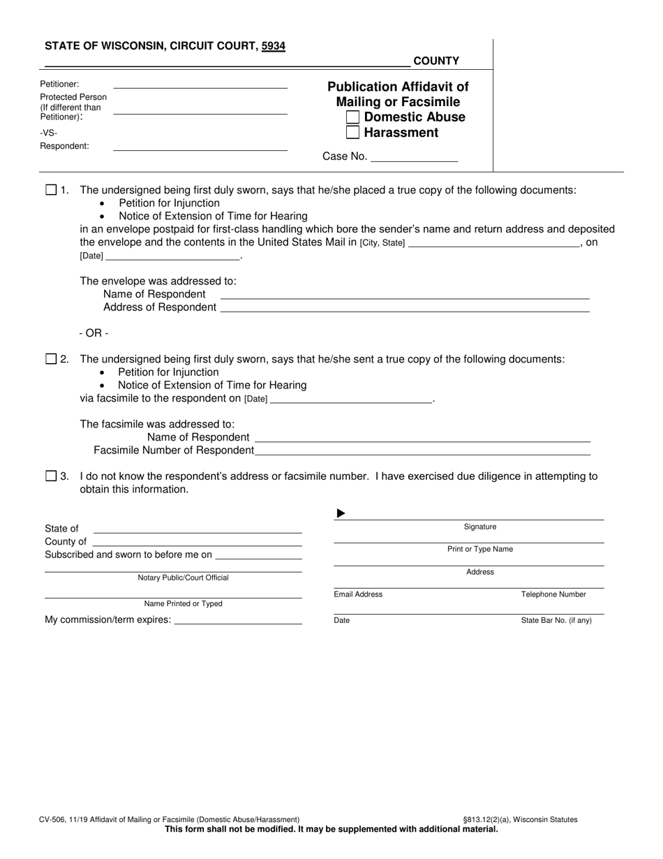 Form CV-506 Publication Affidavit of Mailing or Facsimile for Domestic Abuse or Harassment - Wisconsin, Page 1