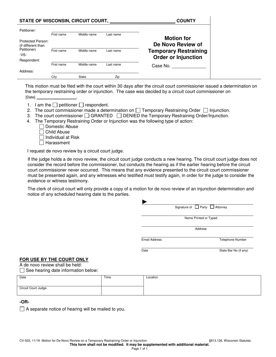 Form CV-503 Motion for De Novo Review of Temporary Restraining Order or Injunction - Wisconsin, Page 1