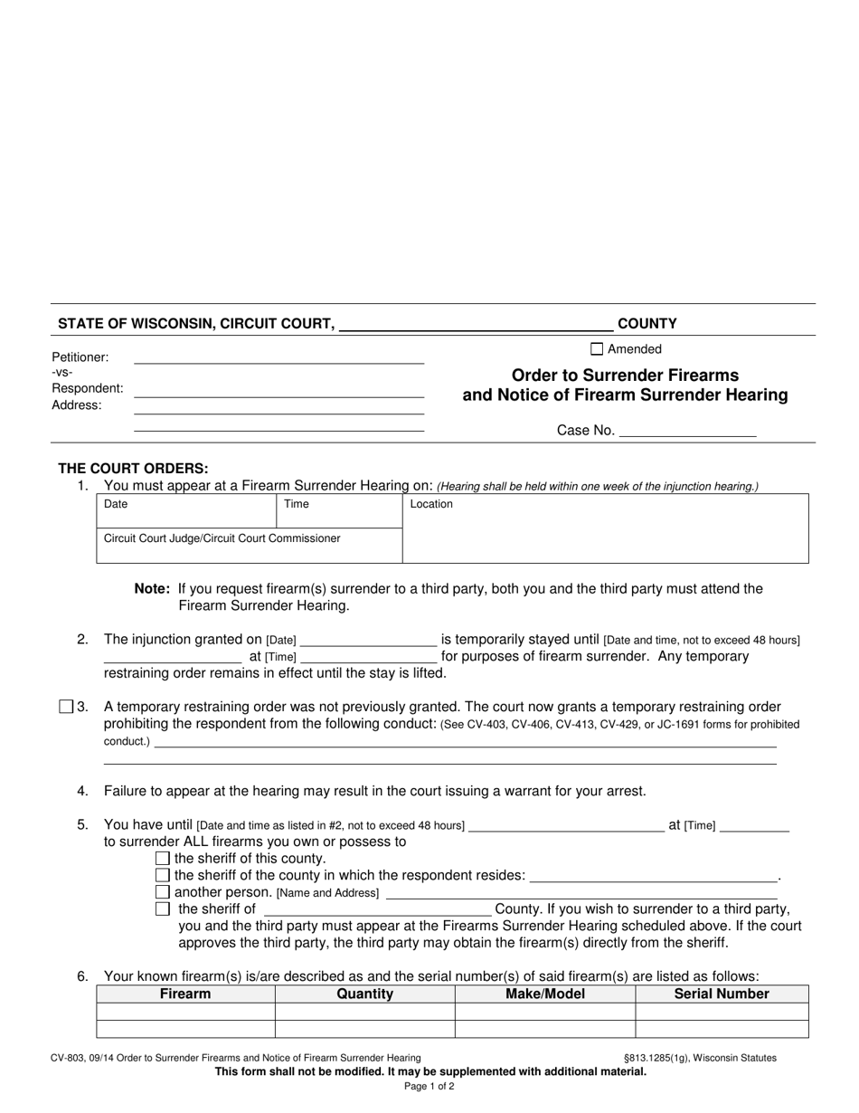 Form CV-803 Order to Surrender Firearms and Notice of Firearm Surrender Hearing - Wisconsin, Page 1