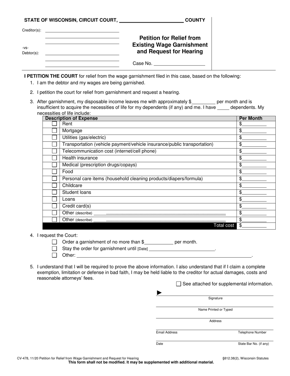 Form CV-478 Petition for Relief From Existing Wage Garnishment and Request for Hearing - Wisconsin, Page 1