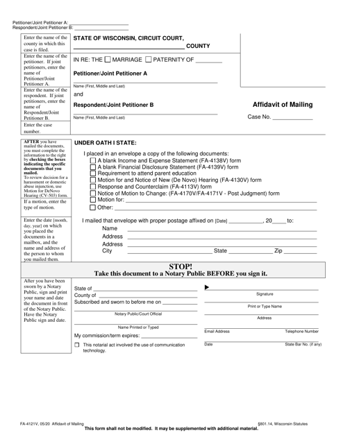 Form FA-4121V Affidavit of Mailing - Wisconsin